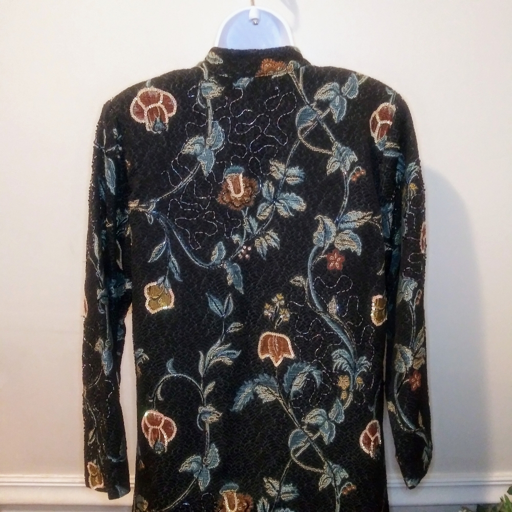 Indigo Moon Boho Beaded & Sequinned Black/Multi Long Floral Brocade Coat - Picture 9 of 12